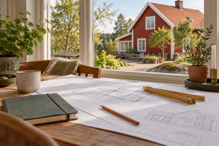 Ritningar och anteckningar på ett bord framför ett svenskt trähus.