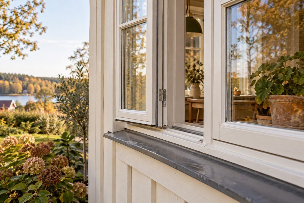 Detalj av ett vitt träfönster i en svensk träfasad med höstträdgård utanför.