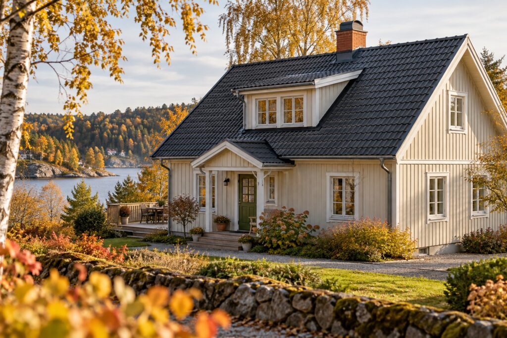 Ett svenskt hus med mörkt tegelliknande tak och väl synlig hängränna, fotograferat från marknivå.