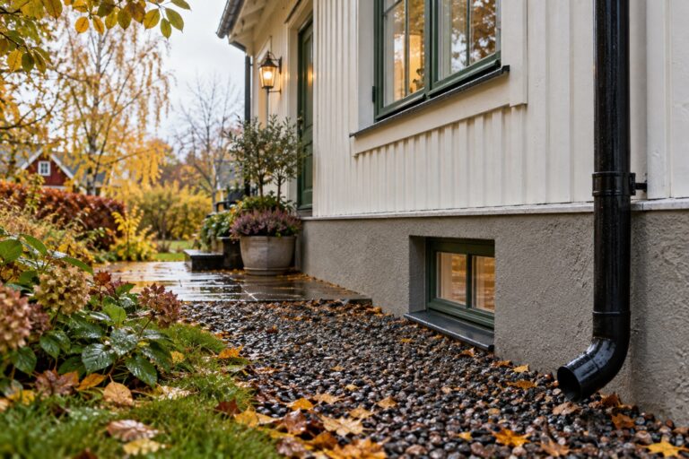 Husgrund, källarfönster och stuprör vid en svensk villa efter regn.