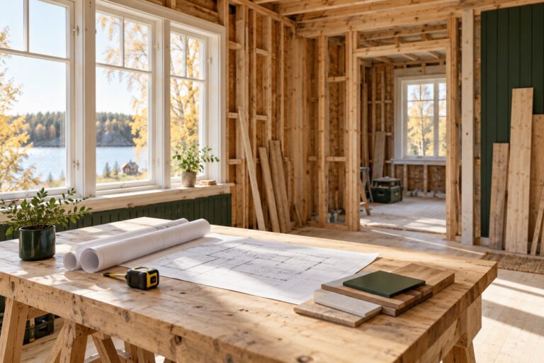 Ett ljust rum under renovering med ritningar och materialprover på en arbetsbänk.